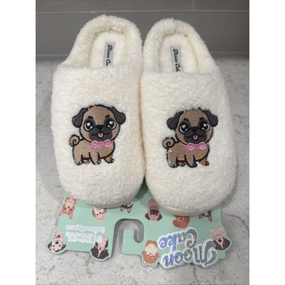 PUG Ladies SMALL 5/6 Memory Foam Hood Back Slippers House Shoes Faux Fur Lining - Picture 1 of 6